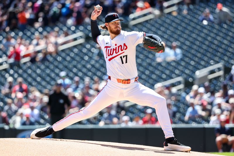 May 8, 2025; Minneapolis, Minnesota, USA; Minnesota Twins pitcher Bailey Ober (17) delivers a pitch against the Baltimore Orioles during the first inning at Target Field. Mandatory Credit: Matt Krohn-Imagn Images