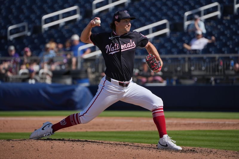 Feb 26, 2024; West Palm Beach, Florida, USA;  Washington Nationals relief pitcher Thaddeus Ward (68) pitches in the fifth inning against the New York Mets at CACTI Park of the Palm Beaches. Mandatory Credit: Jim Rassol-USA TODAY Sports