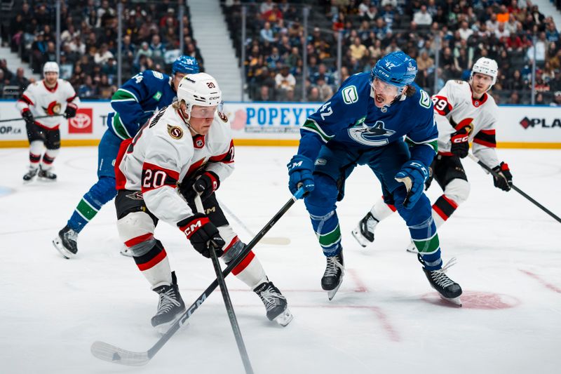 Mar 9, 2026; Vancouver, British Columbia, CAN; Vancouver Canucks forward Curtis Douglas (42) stick checks Ottawa Senators forward Fabian Zetterlund (20) in the second period at Rogers Arena. Mandatory Credit: Bob Frid-Imagn Images