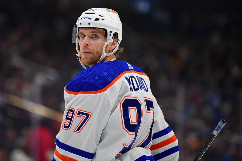 Dec 30, 2023; Los Angeles, California, USA; Edmonton Oilers center Connor McDavid (97) against the Los Angeles Kings during the first period at Crypto.com Arena. Mandatory Credit: Gary A. Vasquez-USA TODAY Sports