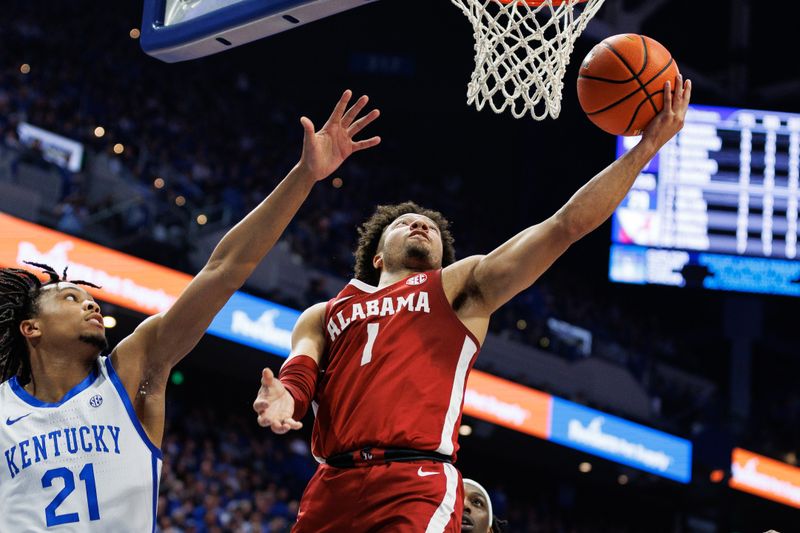 Feb 24, 2024; Lexington, Kentucky, USA; Alabama Crimson Tide guard Mark Sears (1) goes to the basket during the first half against the Kentucky Wildcats at Rupp Arena at Central Bank Center. Mandatory Credit: Jordan Prather-USA TODAY Sports