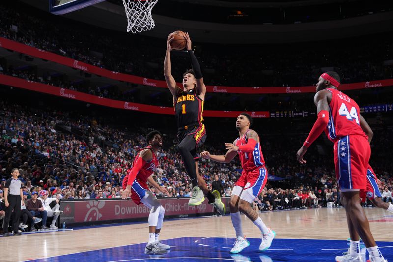 PHILADELPHIA, PA - FEBRUARY 9: Jalen Johnson #1 of the Atlanta Hawks drives to the basket during the game against the Philadelphia 76ers on February 9, 2024 at the Wells Fargo Center in Philadelphia, Pennsylvania NOTE TO USER: User expressly acknowledges and agrees that, by downloading and/or using this Photograph, user is consenting to the terms and conditions of the Getty Images License Agreement. Mandatory Copyright Notice: Copyright 2024 NBAE (Photo by Jesse D. Garrabrant/NBAE via Getty Images)