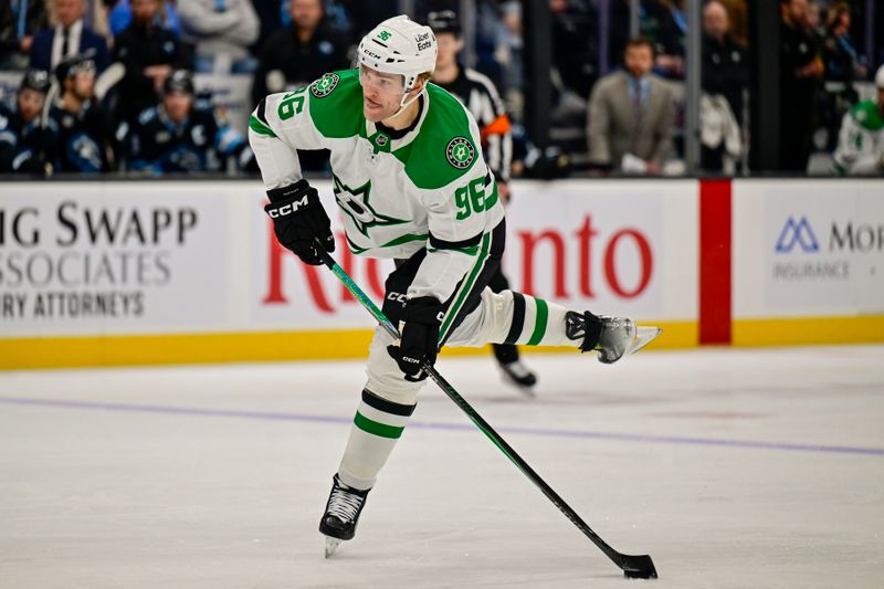 Jan 31, 2026; Salt Lake City, Utah, USA; Dallas Stars right wing Mikko Rantanen (96) takes a shot on goal during first period against the Utah Mammoth at Delta Center. Mandatory Credit: Peter Creveling-Imagn Images