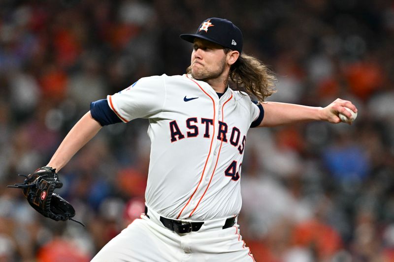 Jun 25, 2025; Houston, Texas, USA; Houston Astros relief pitcher Steven Okert (48) throws a pitch in the sixth inning against the Philadelphia Phillies at Daikin Park. Mandatory Credit: Maria Lysaker-Imagn Images 