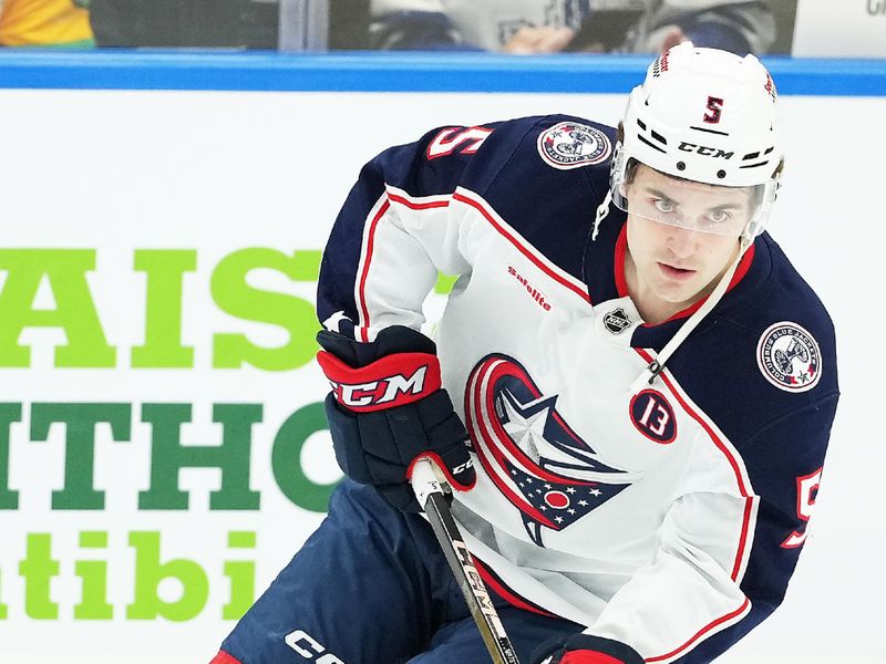 Apr 5, 2025; Toronto, Ontario, CAN;   Columbus Blue Jackets defenseman Denton Mateychuk (5) skates during the warmup before a game against the Toronto Maple Leafs at Scotiabank Arena. Mandatory Credit: Nick Turchiaro-Imagn Images