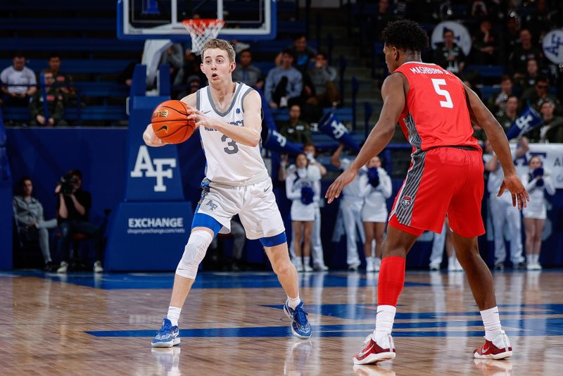 Feb 10, 2023; Colorado Springs, Colorado, USA; Air Force Falcons guard Jake Heidbreder (3) passes the ball as New Mexico Lobos guard Jamal Mashburn Jr. (5) guards in the second half at Clune Arena. Mandatory Credit: Isaiah J. Downing-USA TODAY Sports