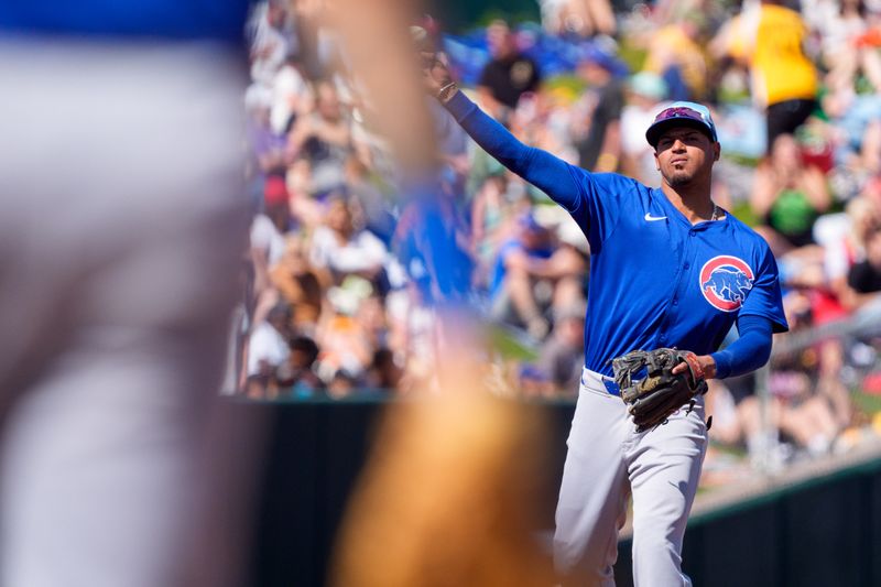 Mar 16, 2024; Tempe, Arizona, USA; Chicago Cubs infielder Luis Vazquez (75) throws to first in the third during a spring training game against the Los Angeles Angels at Tempe Diablo Stadium. Mandatory Credit: Allan Henry-USA TODAY Sports