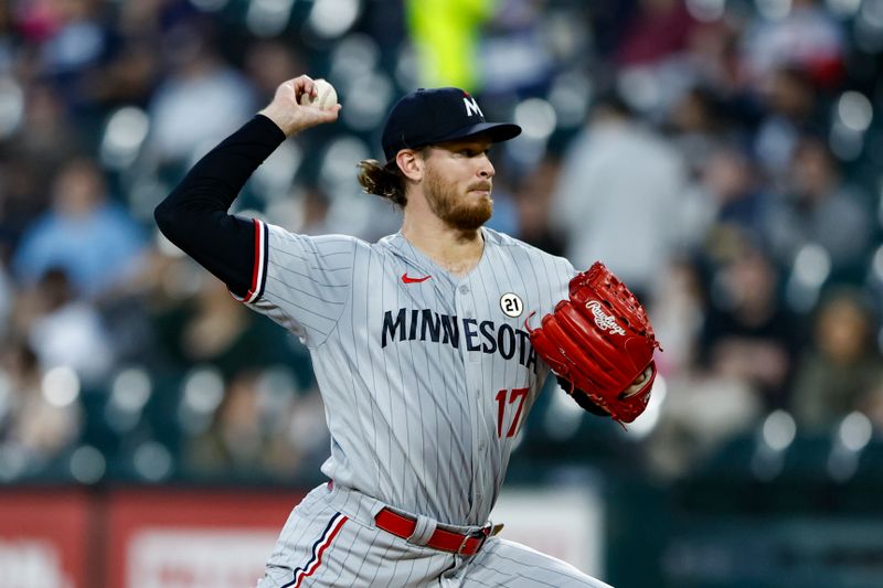 Sep 15, 2023; Chicago, Illinois, USA; Minnesota Twins starting pitcher Bailey Ober (17) delivers a pitch against the Chicago White Sox during the first inning at Guaranteed Rate Field. Mandatory Credit: Kamil Krzaczynski-USA TODAY Sports