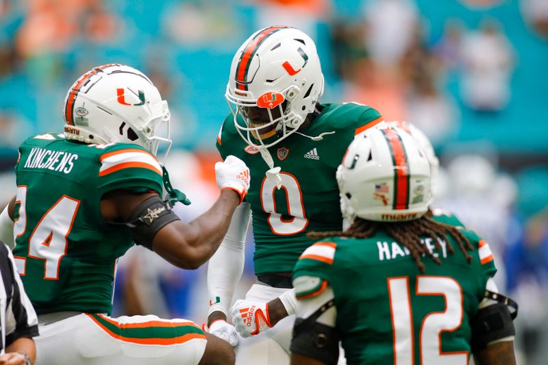 Oct 22, 2022; Miami Gardens, Florida, USA; Miami Hurricanes safety James Williams (0) celebrates with safety Kamren Kinchens (24) after recovering a fumble during the first quarter against the Duke Blue Devils at Hard Rock Stadium. Mandatory Credit: Sam Navarro-USA TODAY Sports