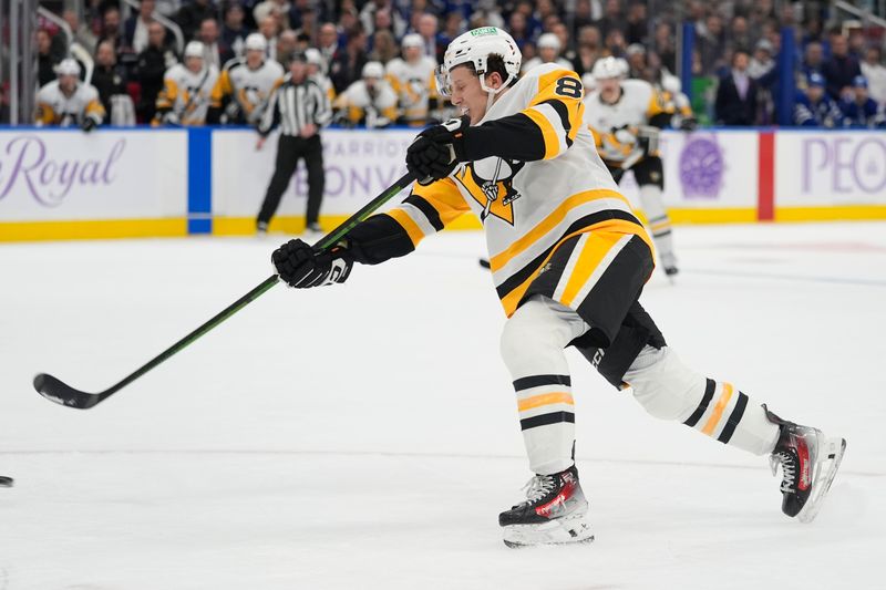 Nov 3, 2025; Toronto, Ontario, CAN; Pittsburgh Penguins forward Benjamin Kindel (81) scores his second goal against the Toronto Maple Leafs during the second period at Scotiabank Arena. Mandatory Credit: John E. Sokolowski-Imagn Images
