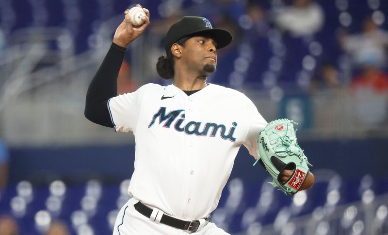 Sep 18, 2023; Miami, Florida, USA; Miami Marlins starting pitcher Edward Cabrera (27) pitches against the New York Mets during the first inning at loanDepot Park. Mandatory Credit: Rhona Wise-USA TODAY Sports