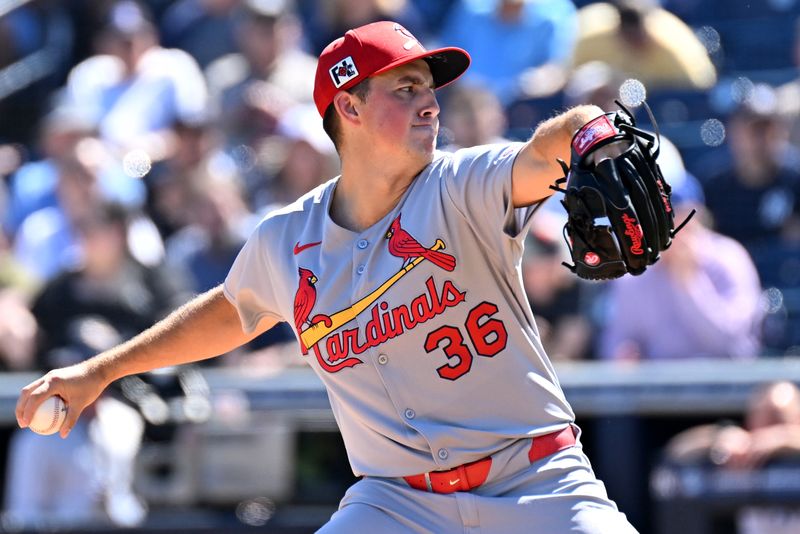 Feb 26, 2025; Tampa, Florida, USA; St. Louis Cardinals starting pitcher Michael McGreevy (36) throws a pitch in the first inning against the New York Yankees during spring training at George M. Steinbrenner Field. Mandatory Credit: Jonathan Dyer-Imagn Images