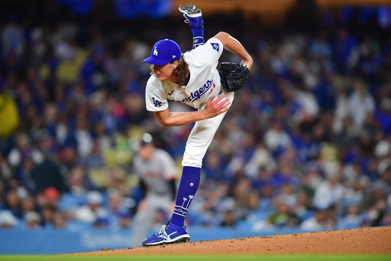 Apr 3, 2024; Los Angeles, California, USA; Los Angeles Dodgers starting pitcher Tyler Glasnow (31) throws against the San Francisco Giants during the fourth inning at Dodger Stadium. Mandatory Credit: Gary A. Vasquez-USA TODAY Sports