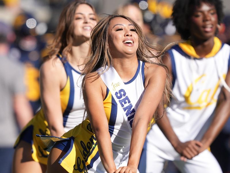 Nov 11, 2023; Berkeley, California, USA; California Golden Bears cheerleaders perform on the field during the second quarter against the Washington State Cougars at California Memorial Stadium. Mandatory Credit: Darren Yamashita-USA TODAY Sports 