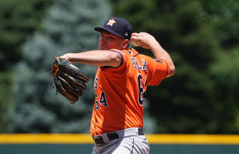 Jul 19, 2023; Denver, Colorado, USA; Houston Astros starting pitcher Brandon Bielak (64) delivers a pitch in the first inning against the Colorado Rockies at Coors Field. Mandatory Credit: Ron Chenoy-USA TODAY Sports