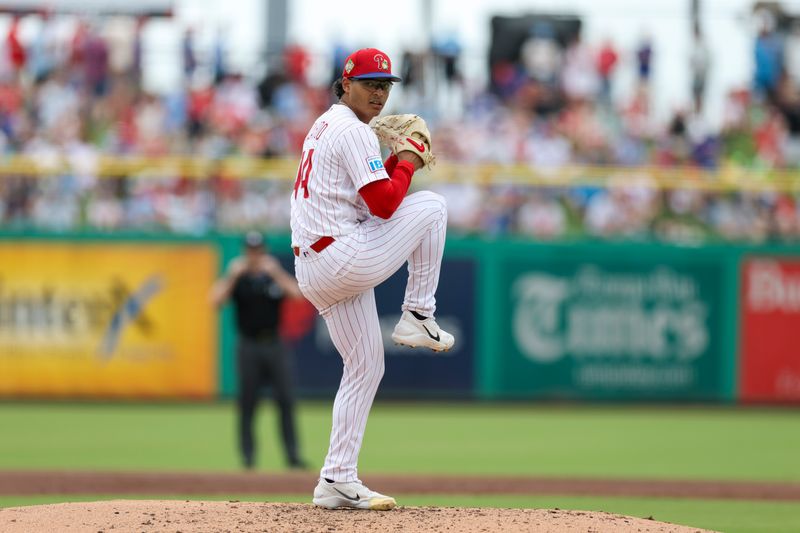 Mar 12, 2026; Clearwater, Florida, USA; Philadelphia Phillies starting pitcher Jesus Luzardo (44) throws a pitch against the Toronto Blue Jays in the third inning during spring training at BayCare Ballpark. Mandatory Credit: Nathan Ray Seebeck-Imagn Images