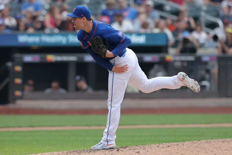 Jul 1, 2023; New York City, New York, USA; New York Mets relief pitcher Adam Ottavino (0) pitches against the San Francisco Giants during the ninth inning at Citi Field. Mandatory Credit: Brad Penner-USA TODAY Sports