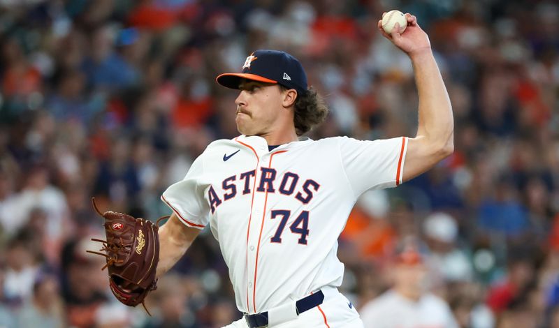 Jun 23, 2024; Houston, Texas, USA; Houston Astros relief pitcher Bryan King (74) pitches against the Houston Astros in the eighth inning at Minute Maid Park. Mandatory Credit: Thomas Shea-USA TODAY Sports