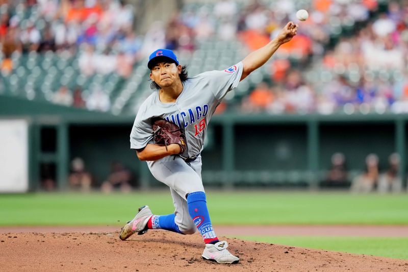 Jul 10, 2024; Baltimore, Maryland, USA; Chicago Cubs pitcher Shota Imanaga (18) delivers in the first inning against the Baltimore Orioles at Oriole Park at Camden Yards. Mandatory Credit: Mitch Stringer-USA TODAY Sports