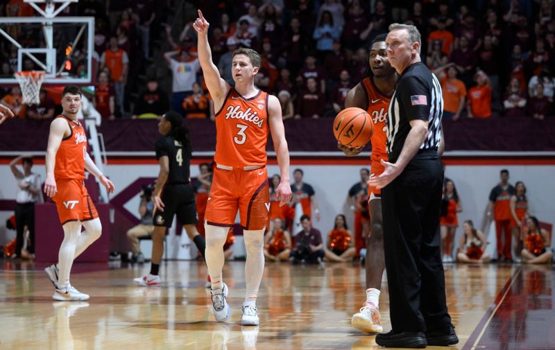 Mar 4, 2023; Blacksburg, Virginia, USA; Virginia Tech Hokies guard Sean Pedulla (3) reacts in the second half against the Florida State Seminoles at Cassell Coliseum. Mandatory Credit: Lee Luther Jr.-USA TODAY Sports