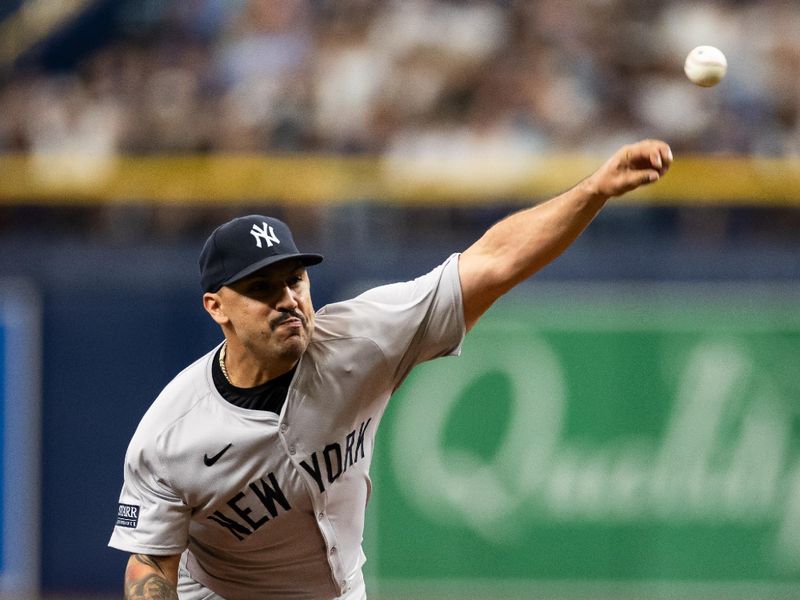 May 11, 2024; St. Petersburg, Florida, USA; New York Yankees pitcher Nestor Cortes (65) throws the ball against the Tampa Bay Rays during the third inning at Tropicana Field. Mandatory Credit: Matt Pendleton-USA TODAY Sports