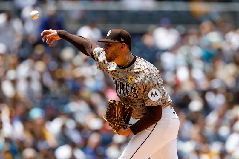 May 26, 2024; San Diego, California, USA;  San Diego Padres starting pitcher Joe Musgrove (44) throws a pitch in the first inning against the New York Yankees at Petco Park. Mandatory Credit: David Frerker-USA TODAY Sports