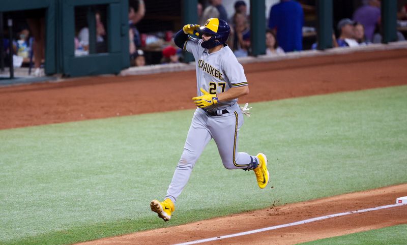 Aug 19, 2023; Arlington, Texas, USA;  Milwaukee Brewers shortstop Willy Adames (27) reacts after hitting a home run during the sixth inning against the Texas Rangers at Globe Life Field. Mandatory Credit: Kevin Jairaj-USA TODAY Sports