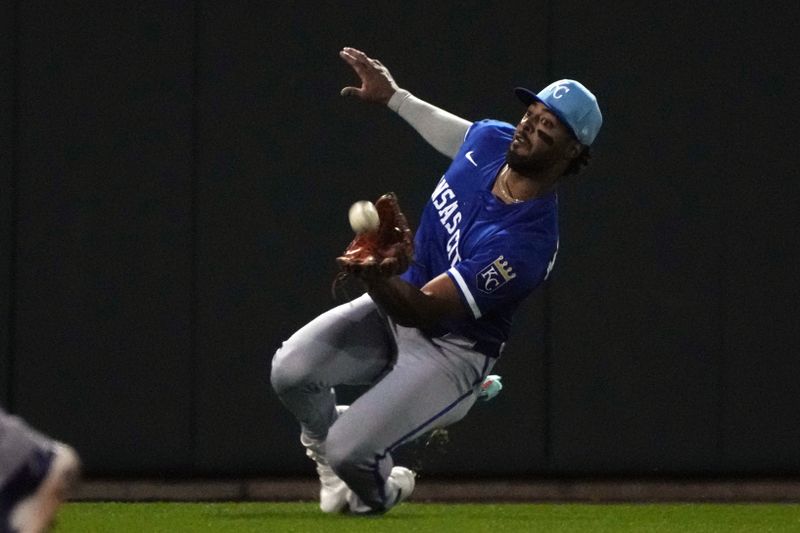Mar 6, 2025; Mesa, Arizona, USA; Kansas City Royals outfielder Nelson Velázquez (17) makes a sliding catch for an out against the Chicago Cubs in the third inning at Sloan Park. Mandatory Credit: Rick Scuteri-Imagn Images