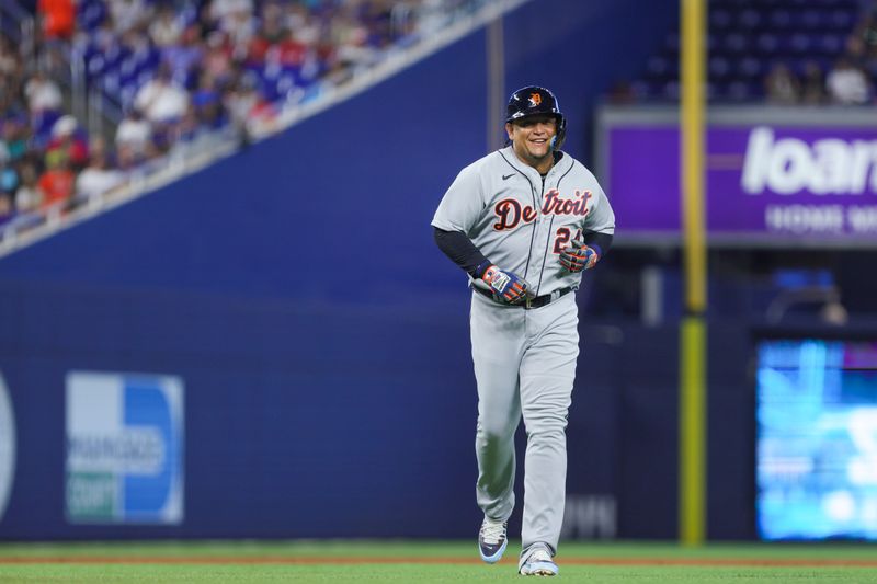 Jul 30, 2023; Miami, Florida, USA; Detroit Tigers designated hitter Miguel Cabrera (24) returns to the dugout against the Miami Marlins during the third inning at loanDepot Park. Mandatory Credit: Sam Navarro-USA TODAY Sports