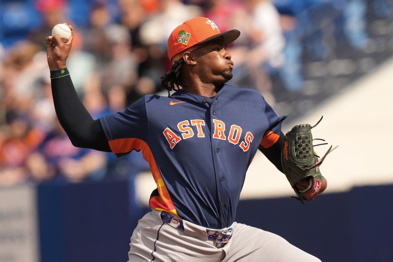 Mar 1, 2026; Port St. Lucie, Florida, USA;  Houston Astros pitcher Alimber Santa (75) pitches in the fourth inning against the New York Mets at Clover Park. Mandatory Credit: Jim Rassol-Imagn Images