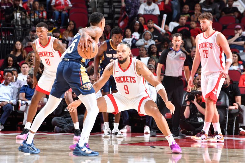 HOUSTON, TX - OCTOBER 15: Dillon Brooks #9 of the Houston Rockets plays defense during the game against the New Orleans Pelicans during a NBA preseason game on October 15, 2024 at the Toyota Center in Houston, Texas. NOTE TO USER: User expressly acknowledges and agrees that, by downloading and or using this photograph, User is consenting to the terms and conditions of the Getty Images License Agreement. Mandatory Copyright Notice: Copyright 2024 NBAE (Photo by Logan Riely/NBAE via Getty Images)