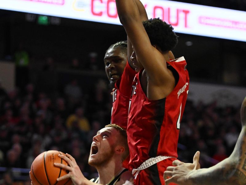 Jan 28, 2023; Winston-Salem, North Carolina, USA;   Wake Forest Demon Deacons guard Cameron Hildreth (2) fakes  North Carolina State Wolfpack guard LJ Thomas (4) and forward D.J. Burns Jr. (30) during the first half at Lawrence Joel Veterans Memorial Coliseum. Mandatory Credit: William Howard-USA TODAY Sports