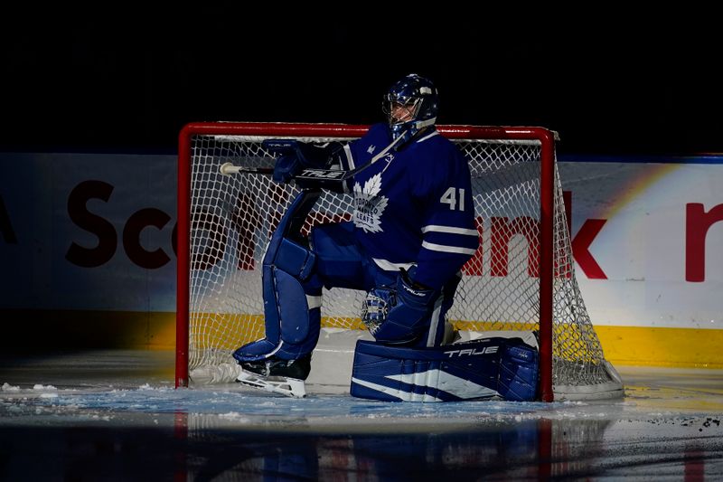 Nov 8, 2024; Toronto, Ontario, CAN; Toronto Maple Leafs goaltender Anthony Stolarz (41) during the player introductions before a game against the Detroit Red Wings  at Scotiabank Arena. Mandatory Credit: John E. Sokolowski-Imagn Images