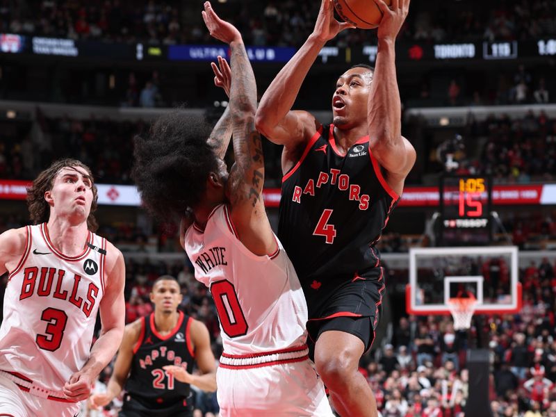 CHICAGO, IL - FEBRUARY 28:  Scottie Barnes #4 of the Toronto Raptors drives to the basket during the game on February 28, 2025 at United Center in Chicago, Illinois. NOTE TO USER: User expressly acknowledges and agrees that, by downloading and or using this photograph, User is consenting to the terms and conditions of the Getty Images License Agreement. Mandatory Copyright Notice: Copyright 2025 NBAE (Photo by Jeff Haynes/NBAE via Getty Images)