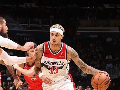 WASHINGTON, DC -? DECEMBER 13:  Kyle Kuzma #33 of the Washington Wizards goes to the basket during the game on December 13, 2023 at Capital One Arena in Washington, DC. NOTE TO USER: User expressly acknowledges and agrees that, by downloading and or using this Photograph, user is consenting to the terms and conditions of the Getty Images License Agreement. Mandatory Copyright Notice: Copyright 2023 NBAE (Photo by Stephen Gosling/NBAE via Getty Images)