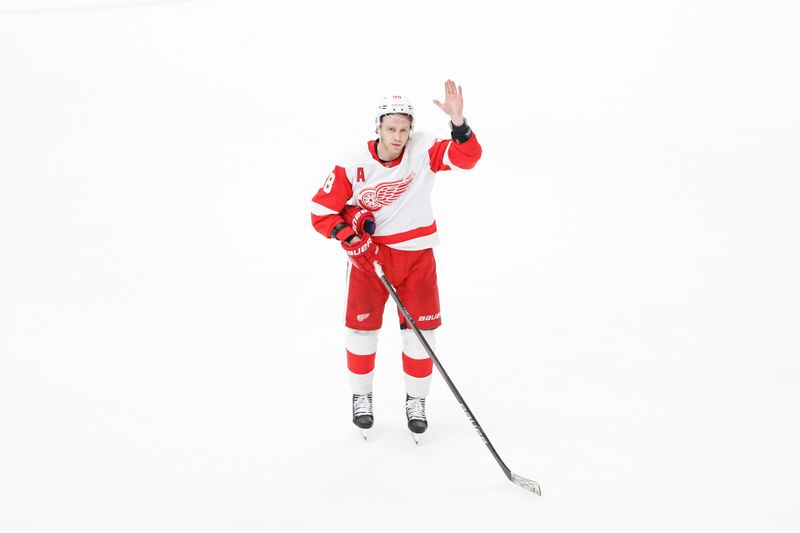 Feb 25, 2024; Chicago, Illinois, USA; Detroit Red Wings right wing Patrick Kane (88) waves to fans after the game against the Chicago Blackhawks at United Center. Mandatory Credit: Kamil Krzaczynski-USA TODAY Sports