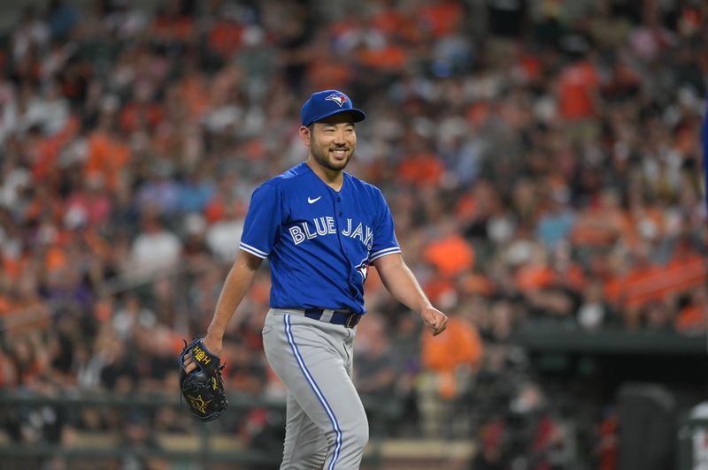 Aug 22, 2023; Baltimore, Maryland, USA;  Toronto Blue Jays starting pitcher Yusei Kikuchi (16) walks to the dugout after the end of the third inning against the Baltimore Orioles at Oriole Park at Camden Yards. Mandatory Credit: Tommy Gilligan-USA TODAY Sports