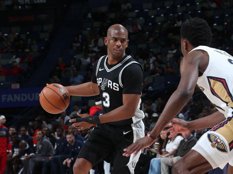 NEW ORLEANS, LA - FEBRUARY 25: Chris Paul #3 of the San Antonio Spurs dribbles the ball during the game against the New Orleans Pelicans on February 25, 2025 at the Smoothie King Center in New Orleans, Louisiana. NOTE TO USER: User expressly acknowledges and agrees that, by downloading and or using this Photograph, user is consenting to the terms and conditions of the Getty Images License Agreement. Mandatory Copyright Notice: Copyright 2025 NBAE (Photo by Layne Murdoch Jr./NBAE via Getty Images)