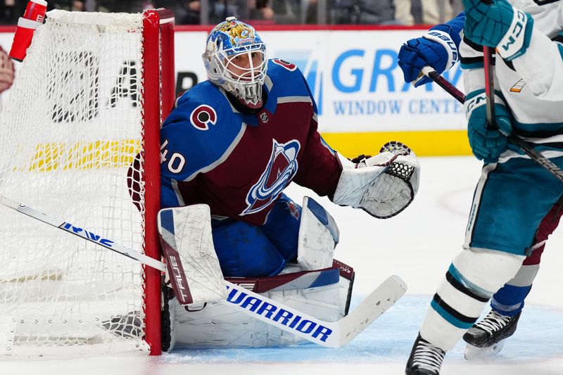 Dec 31, 2023; Denver, Colorado, USA; Colorado Avalanche goaltender Alexandar Georgiev (40) defends the net in the third period against the San Jose Sharks at Ball Arena. Mandatory Credit: Ron Chenoy-USA TODAY Sports