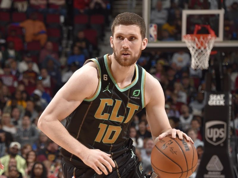 CLEVELAND, OH - APRIL 9: Svi Mykhailiuk #10 of the Charlotte Hornets dribbles the ball during the game against the Cleveland Cavaliers on April 9, 2023 at Rocket Mortgage FieldHouse in Cleveland, Ohio. NOTE TO USER: User expressly acknowledges and agrees that, by downloading and/or using this Photograph, user is consenting to the terms and conditions of the Getty Images License Agreement. Mandatory Copyright Notice: Copyright 2023 NBAE (Photo by David Liam Kyle/NBAE via Getty Images)