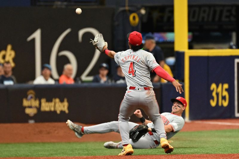 Jul 28, 2024; St. Petersburg, Florida, USA; Cincinnati Reds third baseman Santiago Espinal (4) and  left fielder Spencer Steer (7) attempt to catch a foul ball in the fifth inning against the Tampa Bay Rays at Tropicana Field. Mandatory Credit: Jonathan Dyer-USA TODAY Sports