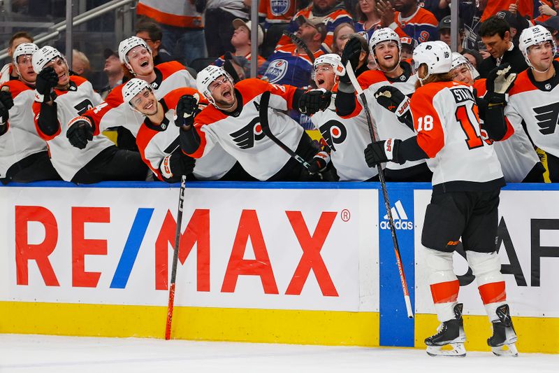 Jan 2, 2024; Edmonton, Alberta, CAN; The Philadelphia Flyers celebrate a goal scored by defensemen Marc Staal (18) during the second period against the Edmonton Oilers at Rogers Place. Mandatory Credit: Perry Nelson-USA TODAY Sports