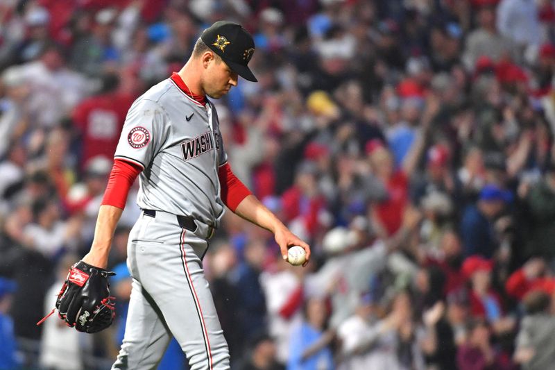 May 19, 2024; Philadelphia, Pennsylvania, USA; Washington Nationals pitcher MacKenzie Gore (1) reacts after allowing home run during the seventh inning against the Philadelphia Phillies at Citizens Bank Park. Mandatory Credit: Eric Hartline-USA TODAY Sports