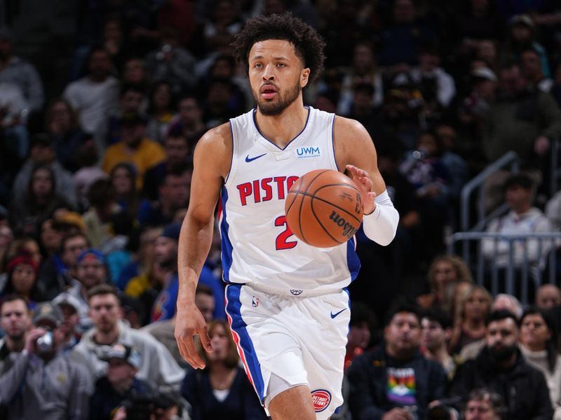 DENVER, CO - JANUARY 7: Cade Cunningham #2 of the Detroit Pistons brings the ball up court against the Denver Nuggets on January 7, 2024 at the Ball Arena in Denver, Colorado. NOTE TO USER: User expressly acknowledges and agrees that, by downloading and/or using this Photograph, user is consenting to the terms and conditions of the Getty Images License Agreement. Mandatory Copyright Notice: Copyright 2024 NBAE (Photo by Garrett Ellwood/NBAE via Getty Images)