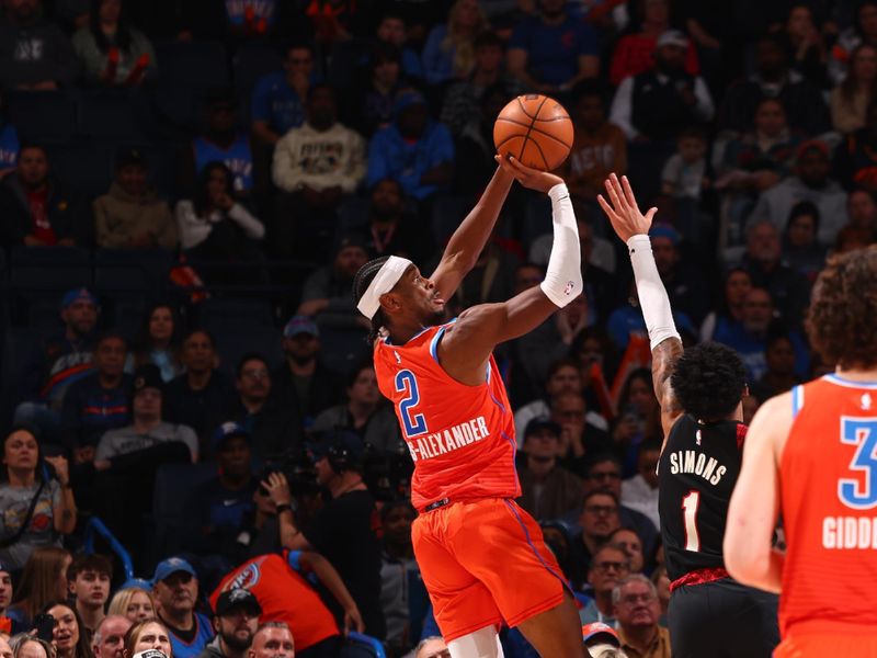 OKLAHOMA CITY, OK - JANUARY 23: Shai Gilgeous-Alexander #2 of the Oklahoma City Thunder shoots the ball during the game against the Portland Trail Blazers on January 23, 2024 at Paycom Arena in Oklahoma City, Oklahoma. NOTE TO USER: User expressly acknowledges and agrees that, by downloading and or using this photograph, User is consenting to the terms and conditions of the Getty Images License Agreement. Mandatory Copyright Notice: Copyright 2024 NBAE (Photo by Zach Beeker/NBAE via Getty Images)