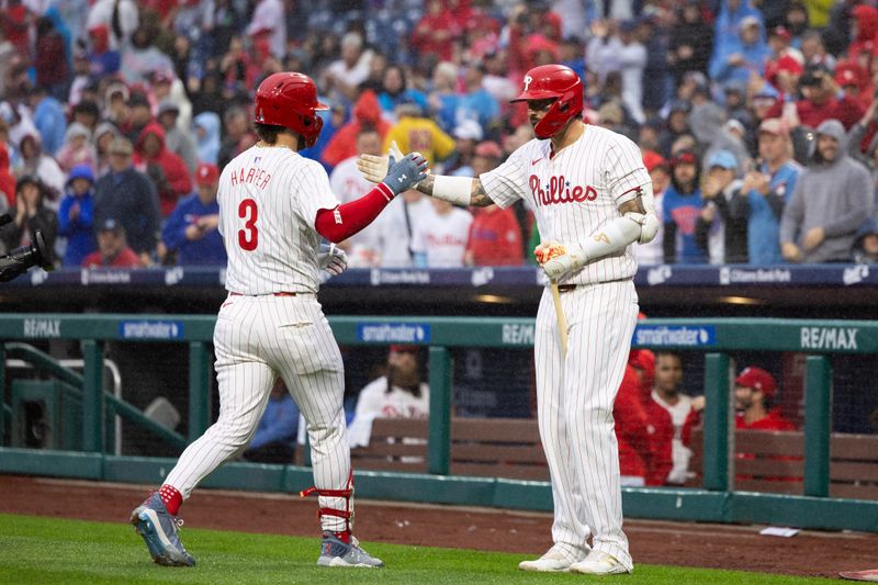 May 15, 2024; Philadelphia, Pennsylvania, USA; Philadelphia Phillies first base Bryce Harper celebrates with outfielder Nick Castellanos (8) after hitting a home run during the first inning against the New York Mets at Citizens Bank Park. Mandatory Credit: Bill Streicher-USA TODAY Sports