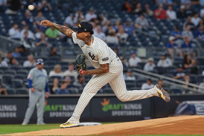 Sep 11, 2024; Bronx, New York, USA; New York Yankees starting pitcher Luis Gil (81) delivers a pitch during the first inning against the Kansas City Royals at Yankee Stadium. Mandatory Credit: Vincent Carchietta-Imagn Images