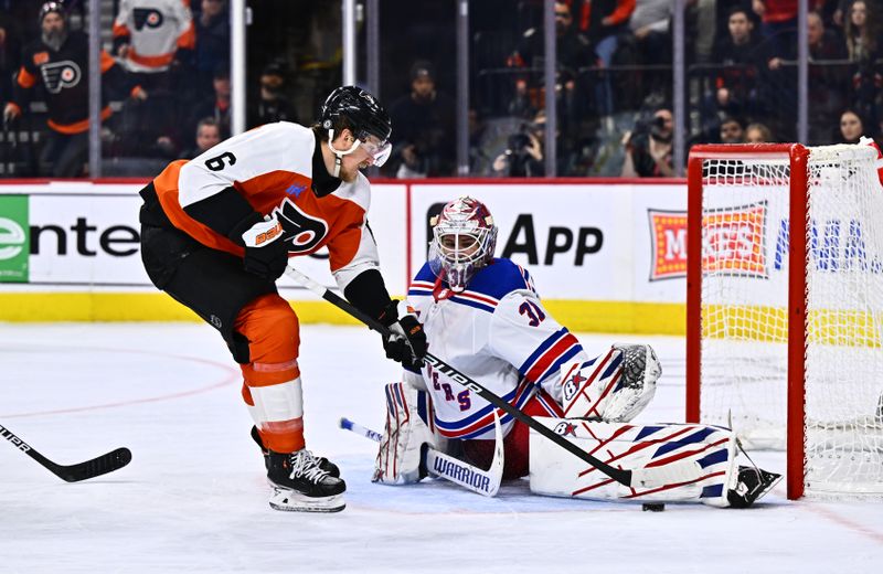 Feb 24, 2024; Philadelphia, Pennsylvania, USA; New York Rangers goalie Igor Shesterkin (31) saves a breakaway shot attempt from Philadelphia Flyers defenseman Travis Sanheim (6) in the third period at Wells Fargo Center. Mandatory Credit: Kyle Ross-USA TODAY Sports