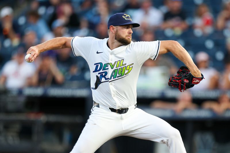 Sep 20, 2025; Tampa, Florida, USA; Tampa Bay Rays starting pitcher Adrian Houser (37) throws a pitch against the Boston Red Sox in the first inning at George M. Steinbrenner Field. Mandatory Credit: Nathan Ray Seebeck-Imagn Images