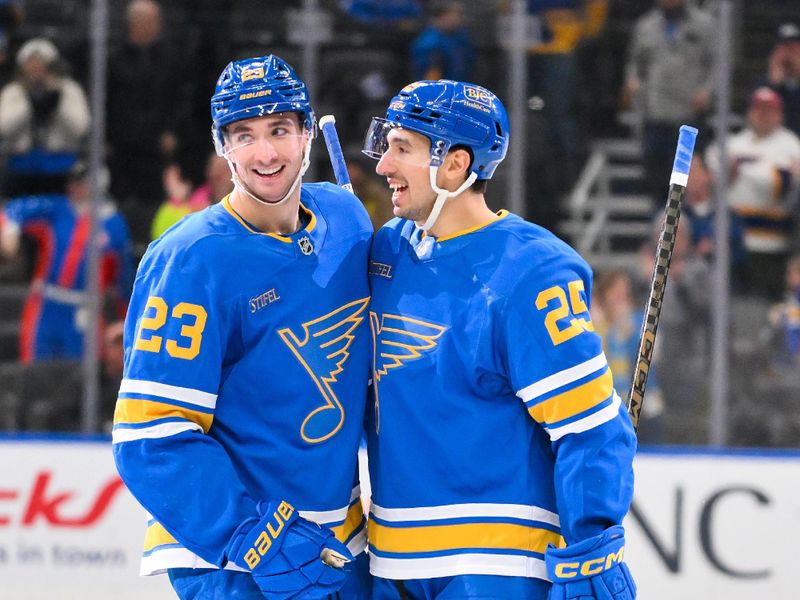 Jan 24, 2026; St. Louis, Missouri, USA; St. Louis Blues right wing Jordan Kyrou (25) is congratulated by defenseman Logan Mailloux (23) after scoring against the Los Angeles Kings during the second period at Enterprise Center. Mandatory Credit: Jeff Curry-Imagn Images